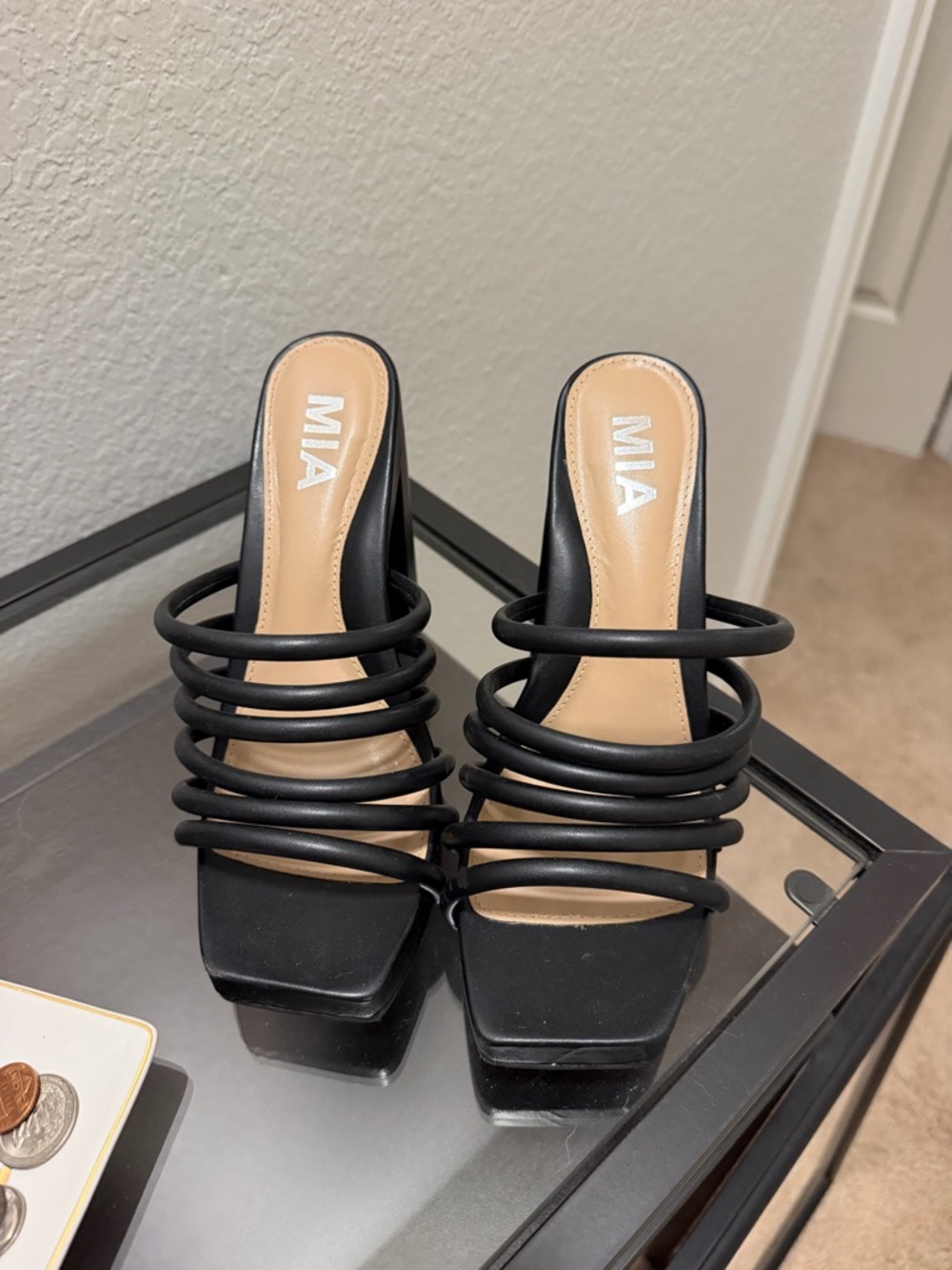 MIA Black Multi-Strap Square-Toe Slide Mules